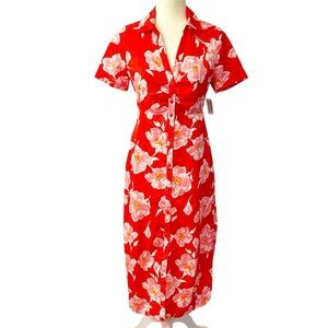NWT Old Navy Size Small Floral Pink & Red 100% Cotton V-Neck Midi Shirtdress